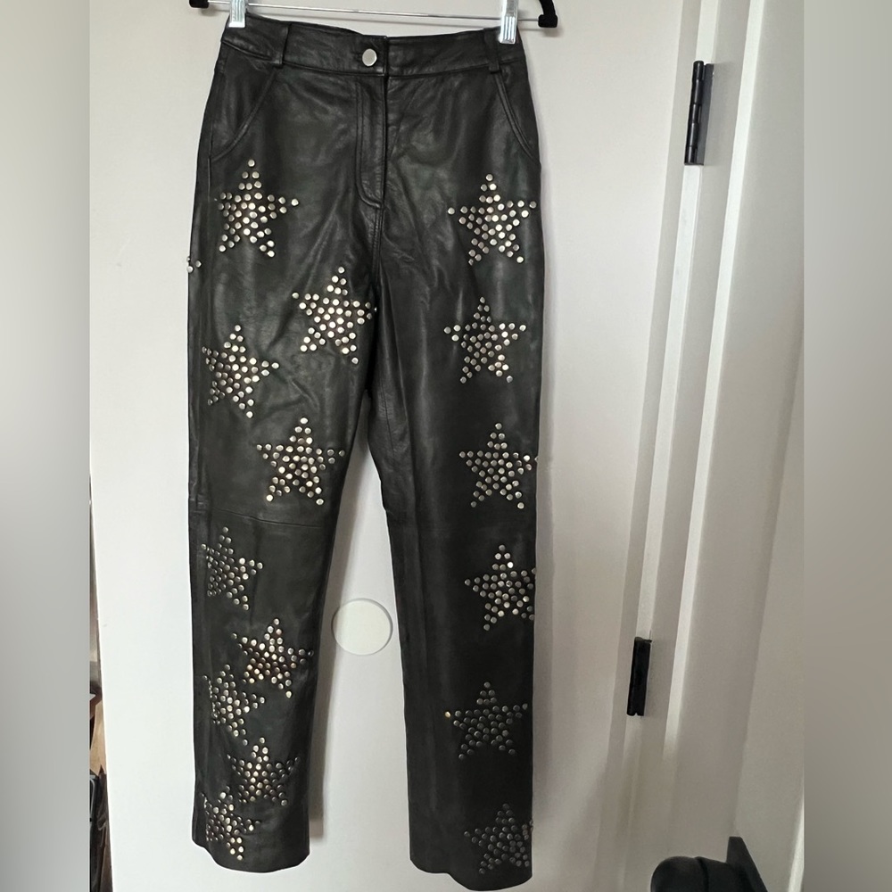 NASTY GAL REAL LEATHER Star Silver Studded Straight Leg Trouser, Size 4